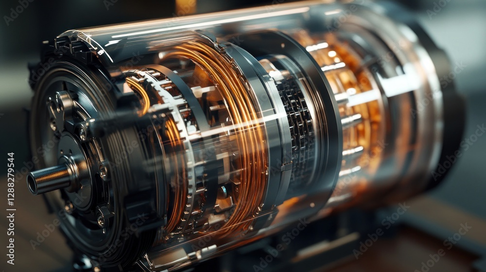 Close-up view of a transparent electric motor showcasing intricate components and wiring Close-up view of a transparent electric motor showcasing intricate components and wiring