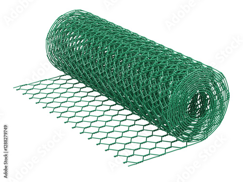 Roll of chicken wire mesh fence on transparent background - 3d PNG illustration
