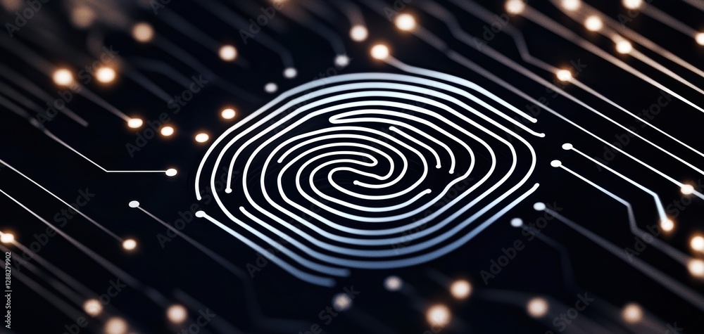 Fototapeta premium Abstract electronic circuit lines forming a fingerprint pattern, representing cybersecurity, biometrics, and digital identity