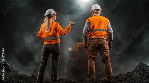 Two construction workers wearing safety gear stand facing a large machine, engaged in conversation about their work while dramatic lighting casts shadows around them photo