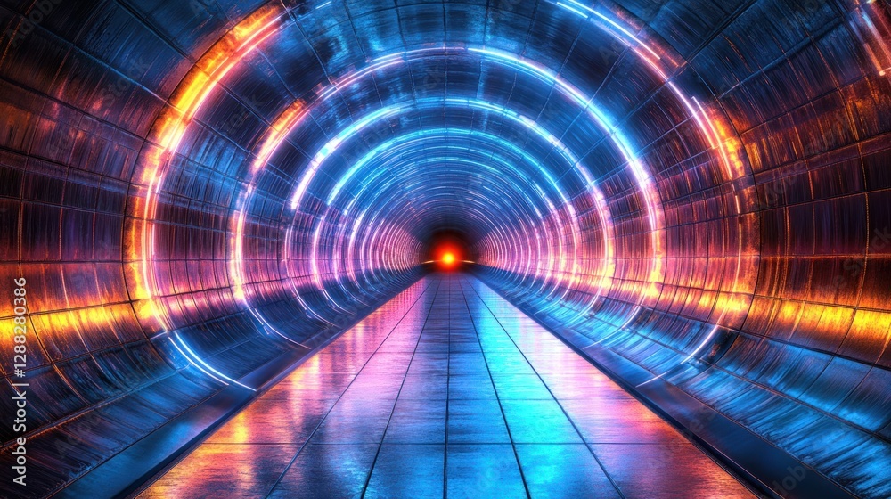 Futuristic neon tunnel with glowing circles and reflective floor. Futuristic neon tunnel with glowing circles and reflective floor.