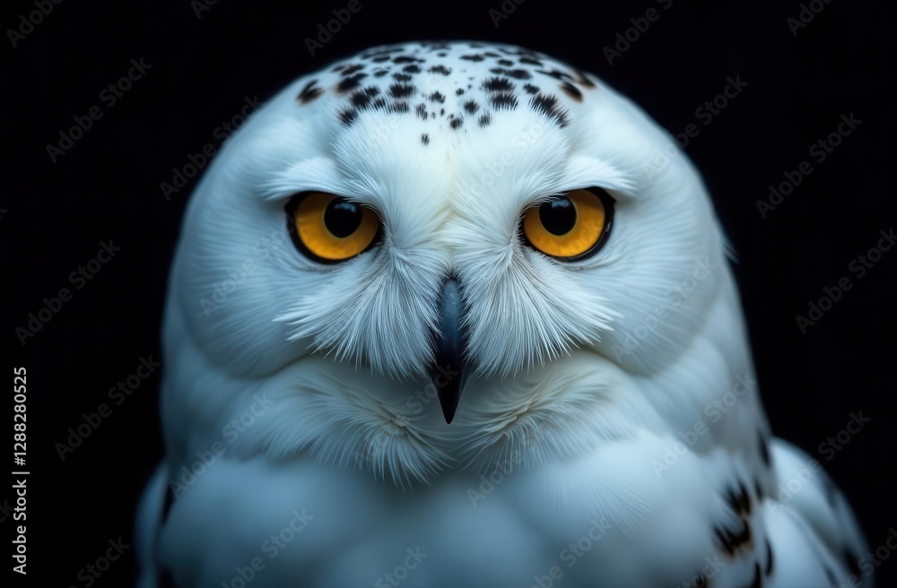close-up portrait of a snowy owl with piercing yellow eyes on black background close-up portrait of a snowy owl with piercing yellow eyes on black background
