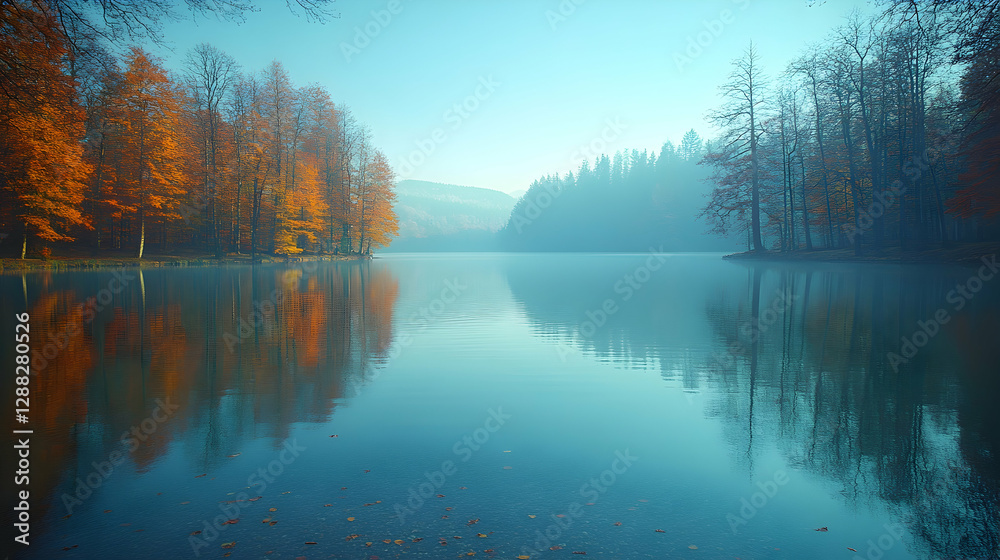 Fototapeta premium Autumn Lake, Misty Reflection