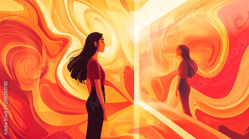 Woman Facing Reflection in Abstract Swirling Landscape
