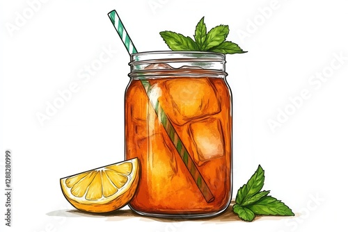 Iced Tea In Mason Jar Illustration With Lemon And Mint