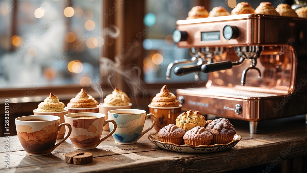 Fototapeta premium Delightful morning coffee and pastries served in a cozy café setting with warm lighting