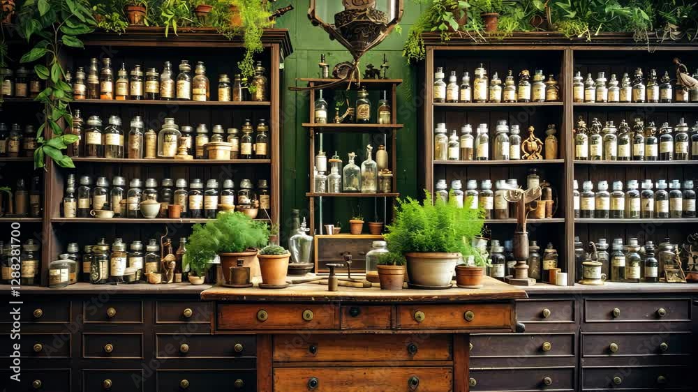 An old-fashioned wooden apothecary featuring multiple shelves filled with jars and herbs, located in a rustic setting that evokes the charm of traditional herbal medicine practices