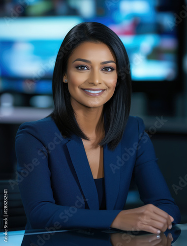 Professional portrait of a confident Indian woman in her late thirties wearing a blue business suit, sitting at a modern office desk with a warm smile and composed demeanor