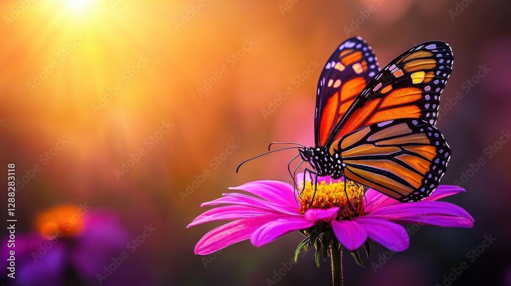Fototapeta premium A butterfly and blossoms spring background shot in the studio, featuring a close-up of a vibrant butterfly resting on a delicate pink flower, captured in ultra-detailed clarity
