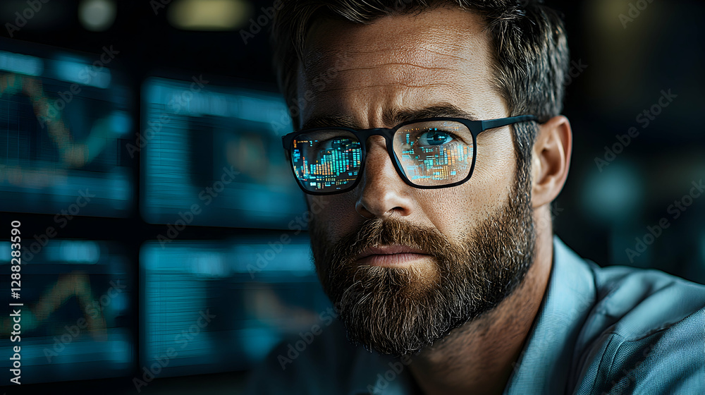 Illustration - Businessman Analyzing Data on Multiple Screens in Office Illustration - Businessman Analyzing Data on Multiple Screens in Office
