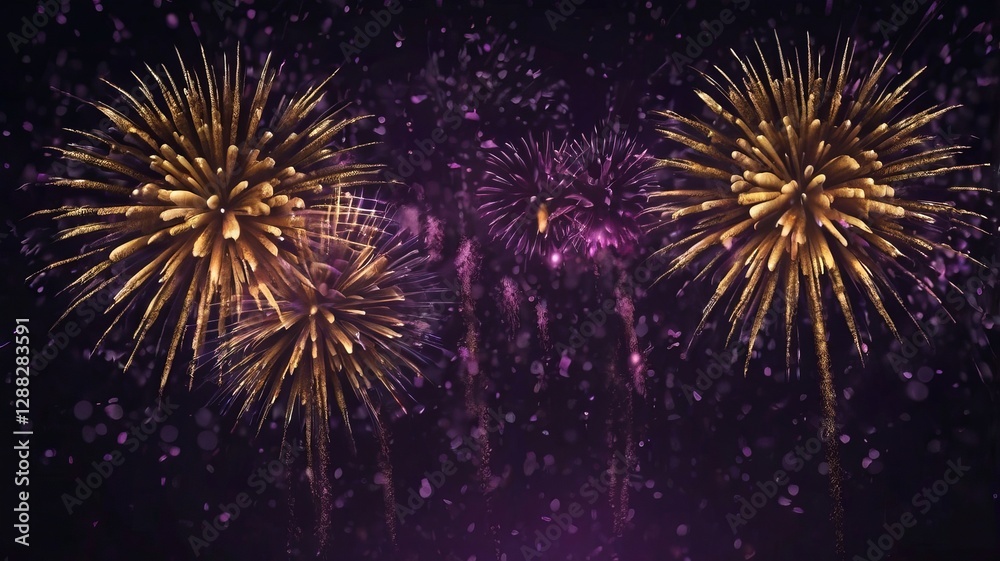 Fototapeta premium Dark Violet Sky with Exploding Gold Fireworks and Bokeh