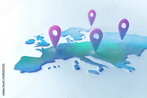 3D map of Europe with location pins showcasing travel destinations and global connections.