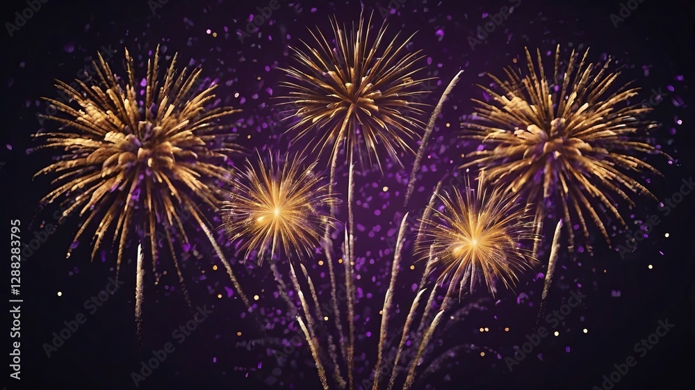 Fototapeta premium Dark Violet Sky with Exploding Gold Fireworks and Bokeh