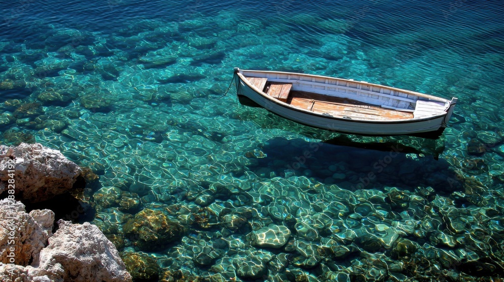 Fototapeta premium A Caribbean-inspired summer background showcasing crystal-clear water, a small wooden boat, and vibrant coral reefs visible beneath the surface