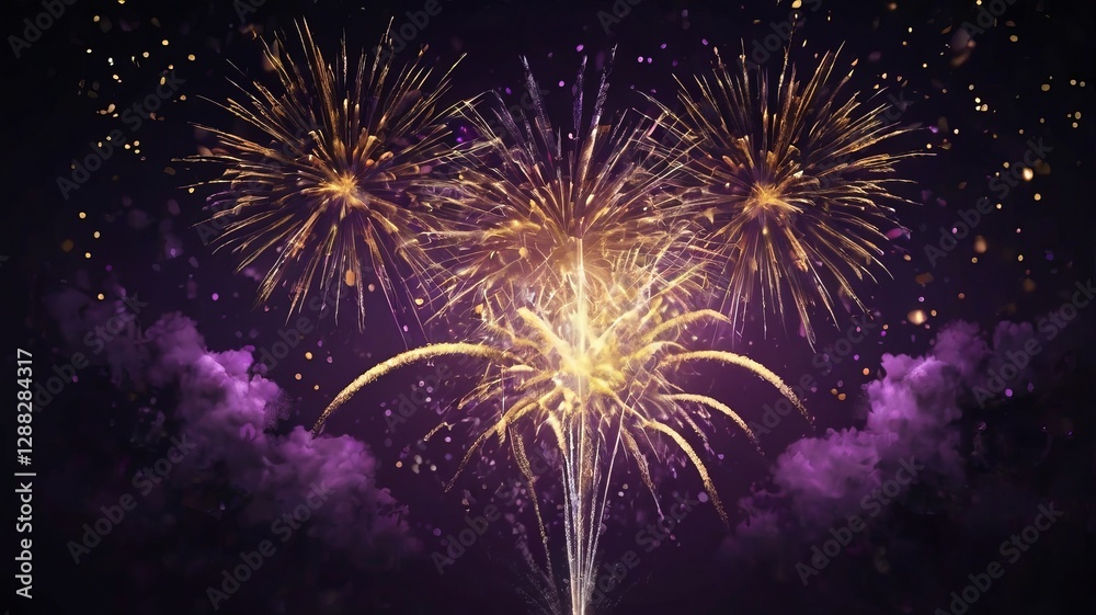 Dark Violet Sky with Exploding Gold Fireworks and Bokeh Dark Violet Sky with Exploding Gold Fireworks and Bokeh