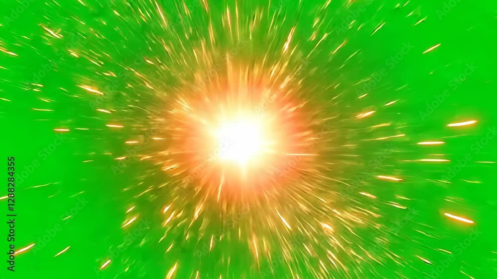 Explosion energy burst green screen effect with glowing particles chroma key