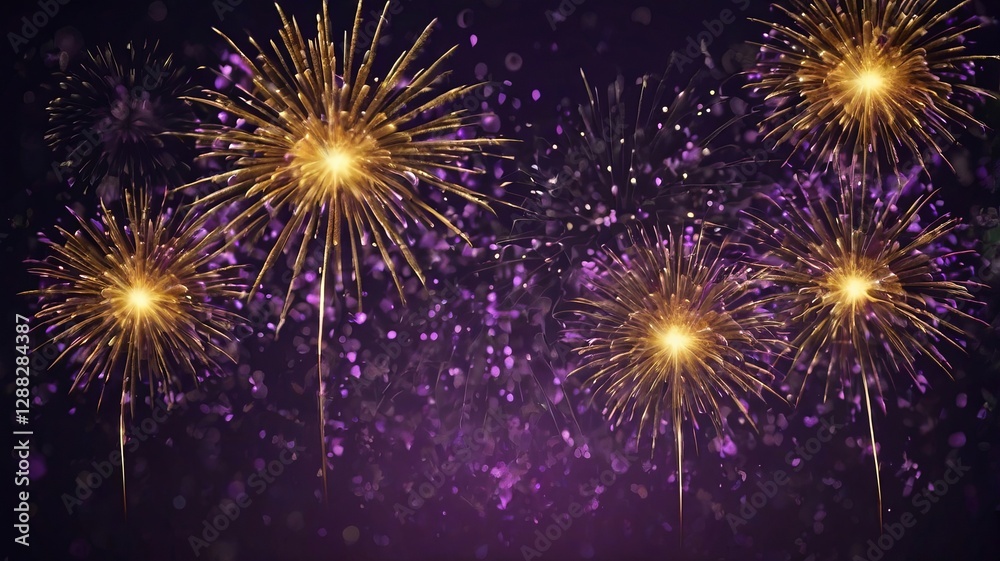 Obraz premium Dark Violet Sky with Exploding Gold Fireworks and Bokeh