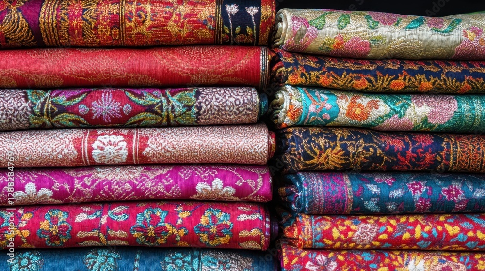 Colorful Fabric Rolls Stacked Textiles Asian Patterned Cloth Colorful Fabric Rolls Stacked Textiles Asian Patterned Cloth