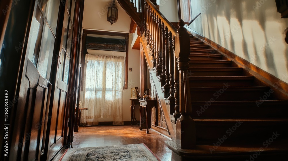 Obraz premium A beautifully crafted wooden staircase with an elegant design.