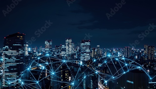 Wallpaper Mural City skyline at night with glowing data connections, symbolizing smart city infrastructure and IoT technology Torontodigital.ca