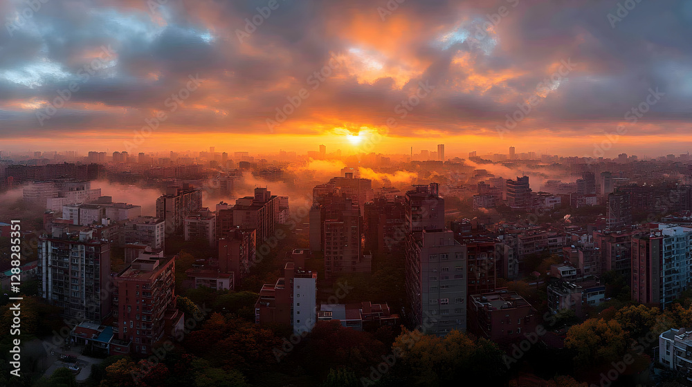 Fototapeta premium Wschód słońca nad miastem – widok z lotu ptaka