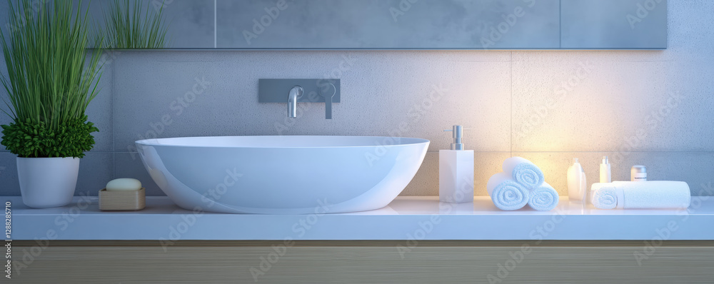 Fototapeta premium Elegant modern bathroom setting with white basin, candles, and plants, creating serene atmosphere. Perfect for relaxation and self care
