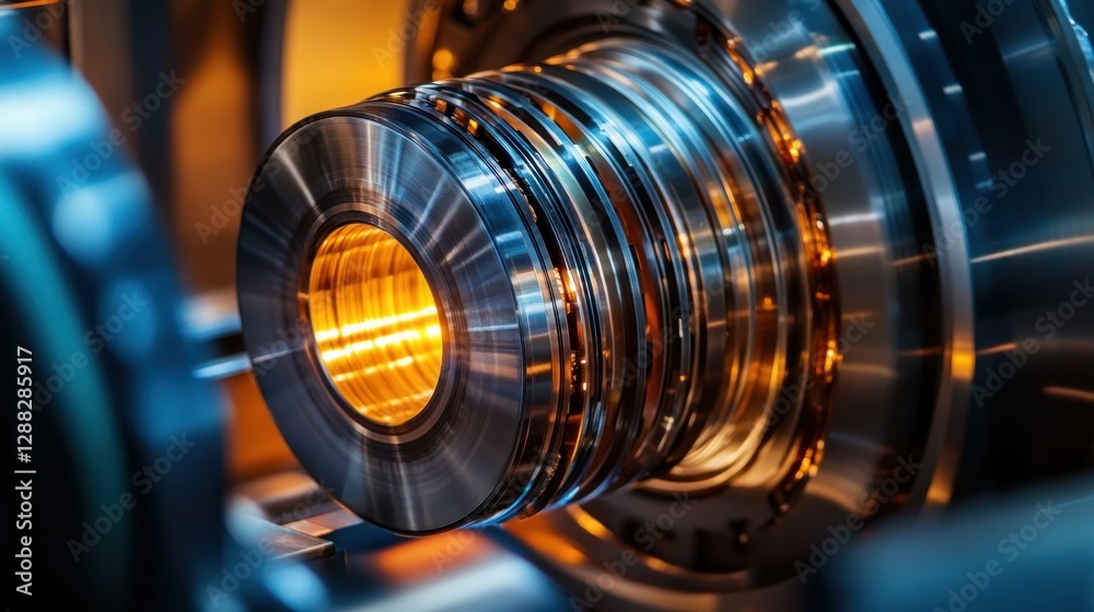 Fototapeta premium Close-up of a metallic machine component with intricate details and warm lighting in a workshop
