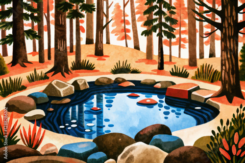 beautiful pond in the green natural forest with trees and stones