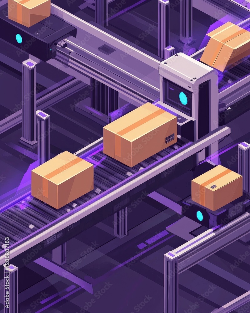 A fully automated packaging line wrapping boxes in a factory setting A fully automated packaging line wrapping boxes in a factory setting
