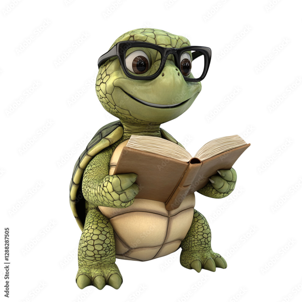 Friendly 3D Cartoon Turtle Reading a Book Isolated on Transparent Background Friendly 3D Cartoon Turtle Reading a Book Isolated on Transparent Background