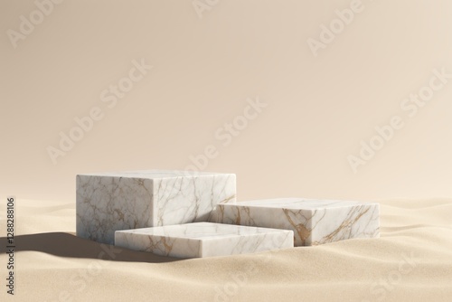 Three marble cube podiums on sand