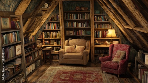 A cozy attic room with wooden walls and a comfortable reading space.