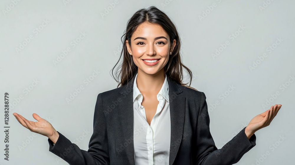 Smiling businesswoman in suit presents with open hands in front of a neutral background, radiating confidence and professionalism. Smiling businesswoman in suit presents with open hands in front of a neutral background, radiating confidence and professionalism.
