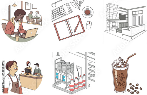 Confident Baristas Serving Coffee Bundle. A Trendy Collection Illustrations