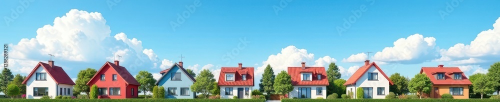 Row of houses with blue sky and puffy white clouds in the background, row of houses, puffy clouds Row of houses with blue sky and puffy white clouds in the background, row of houses, puffy clouds