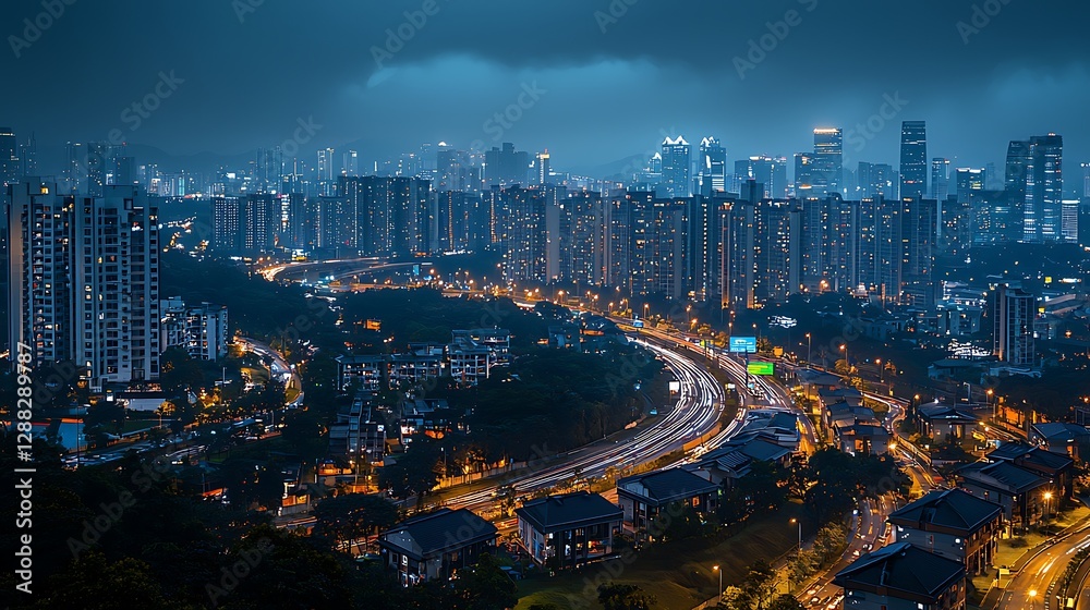 Fototapeta premium Night cityscape, urban highway, illuminated buildings, residential areas. Stock photo