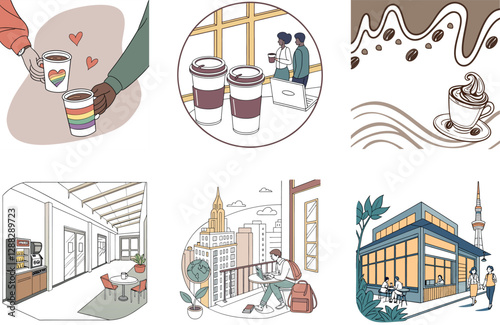 Smiling Black Woman Coffee Shop Owner's Bundle Coffee Collection Illustrations