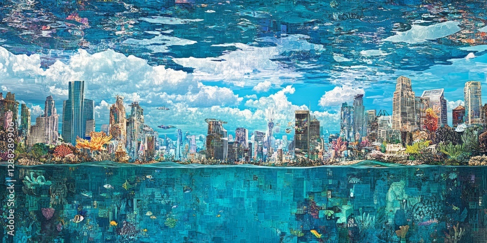 Obraz premium Apocalyptic cityscape divided by water and sky reflections