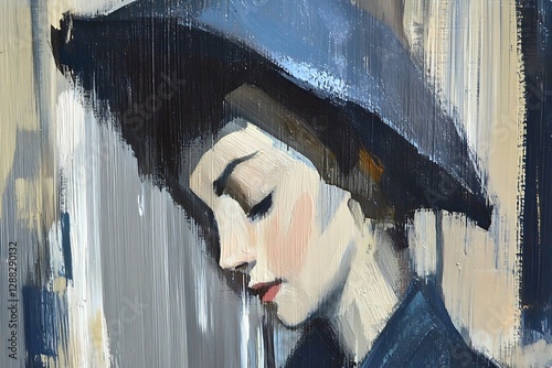 A melancholic portrait painting of a woman in a black hat, showcasing expressive brushstrokes and a somber atmosphere.