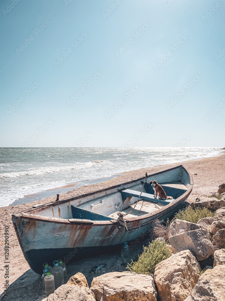 Dark Sea in Romania - Empty Beach with a Boat on a Sunny Day Dark Sea in Romania - Empty Beach with a Boat on a Sunny Day