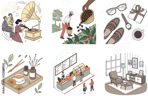 Frosty Caramel Coffee Bundle. Delicious Drink Collection Illustrations