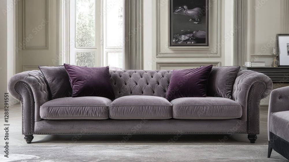 Fototapeta premium A luxurious living room featuring a velvet sofa with plush cushions.