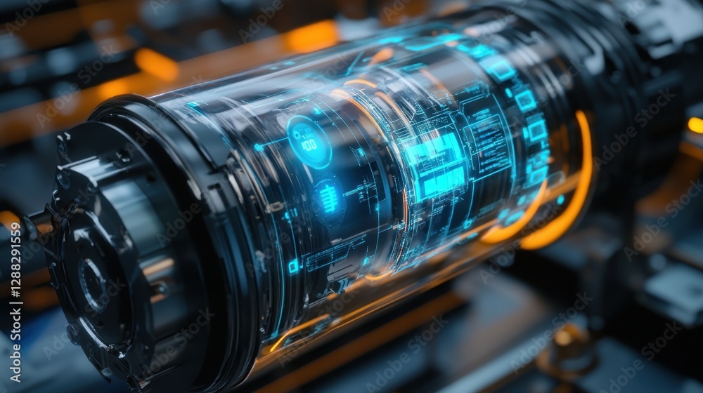 Fototapeta premium Futuristic energy core with glowing blue circuitry and orange accents in a high-tech environment