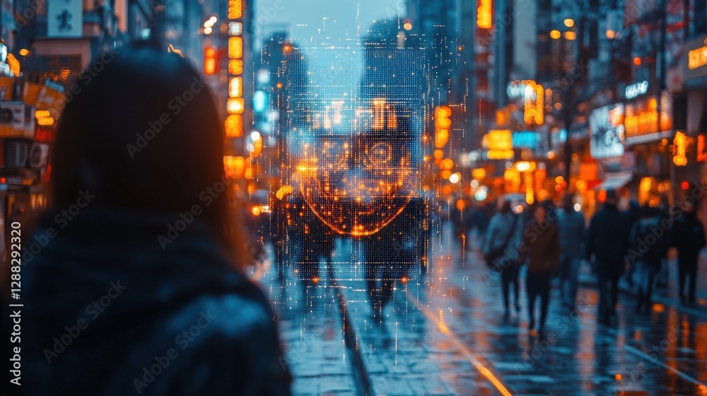 Obraz premium City Street Illuminated by Neon Lights With a Digital Mask Overlay. Generative AI