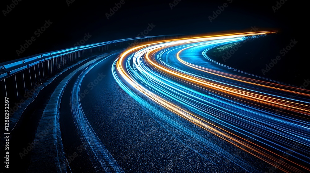 Fototapeta premium Night Road Curves, Light Trails, Highway, Abstract, Motion