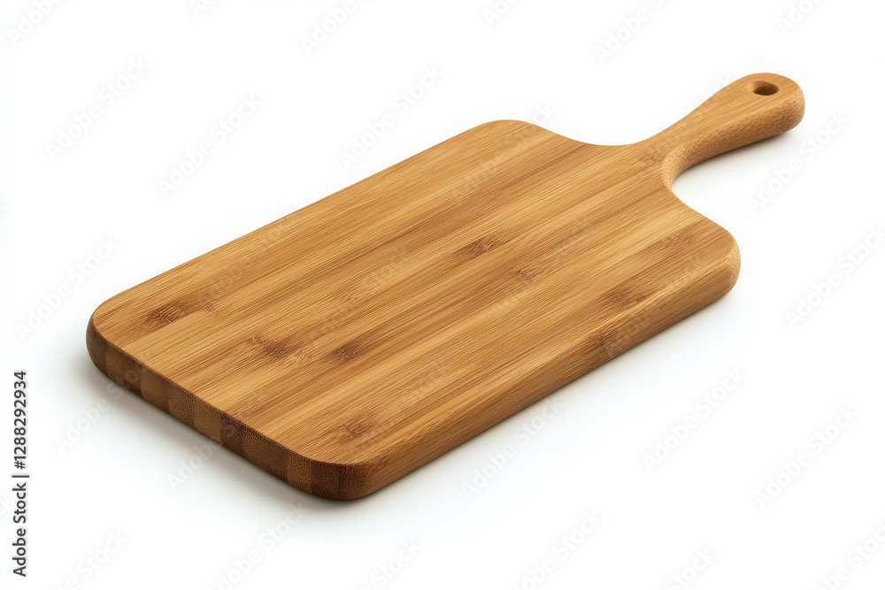Bamboo cutting board with handle for eco-friendly food prep on white background Bamboo cutting board with handle for eco-friendly food prep on white background