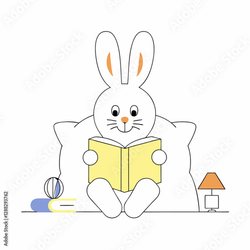 Cute Bunny Reading Book, Pastel Line Art, Children's Illustration.