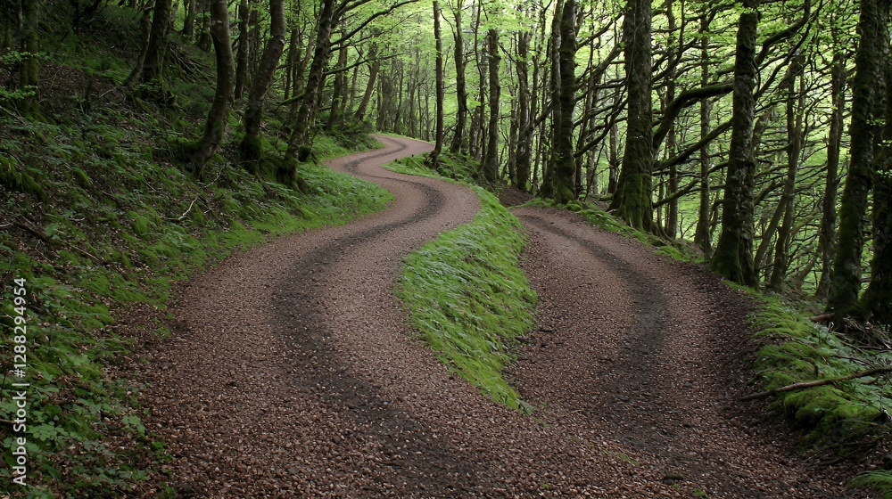 Fototapeta premium Winding Forest Path with Sunlight Dappled Through Trees