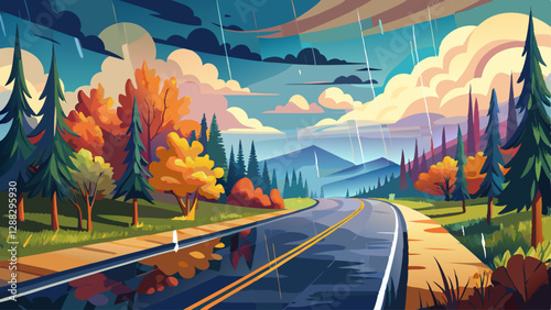 A panoramic view of a wet asphalt road in the countryside on a rainy summer day. Autumn rain fills puddles along the road, framed by a forest under a dramatic, cloudy 