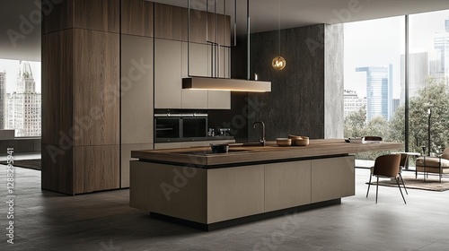 A sleek modern kitchen with a wooden island and elegant pendant lighting.